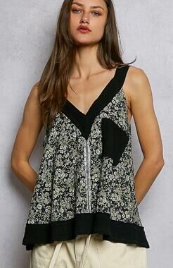 POL Floral V-Neck Flowy Top with Front Pocket - Black